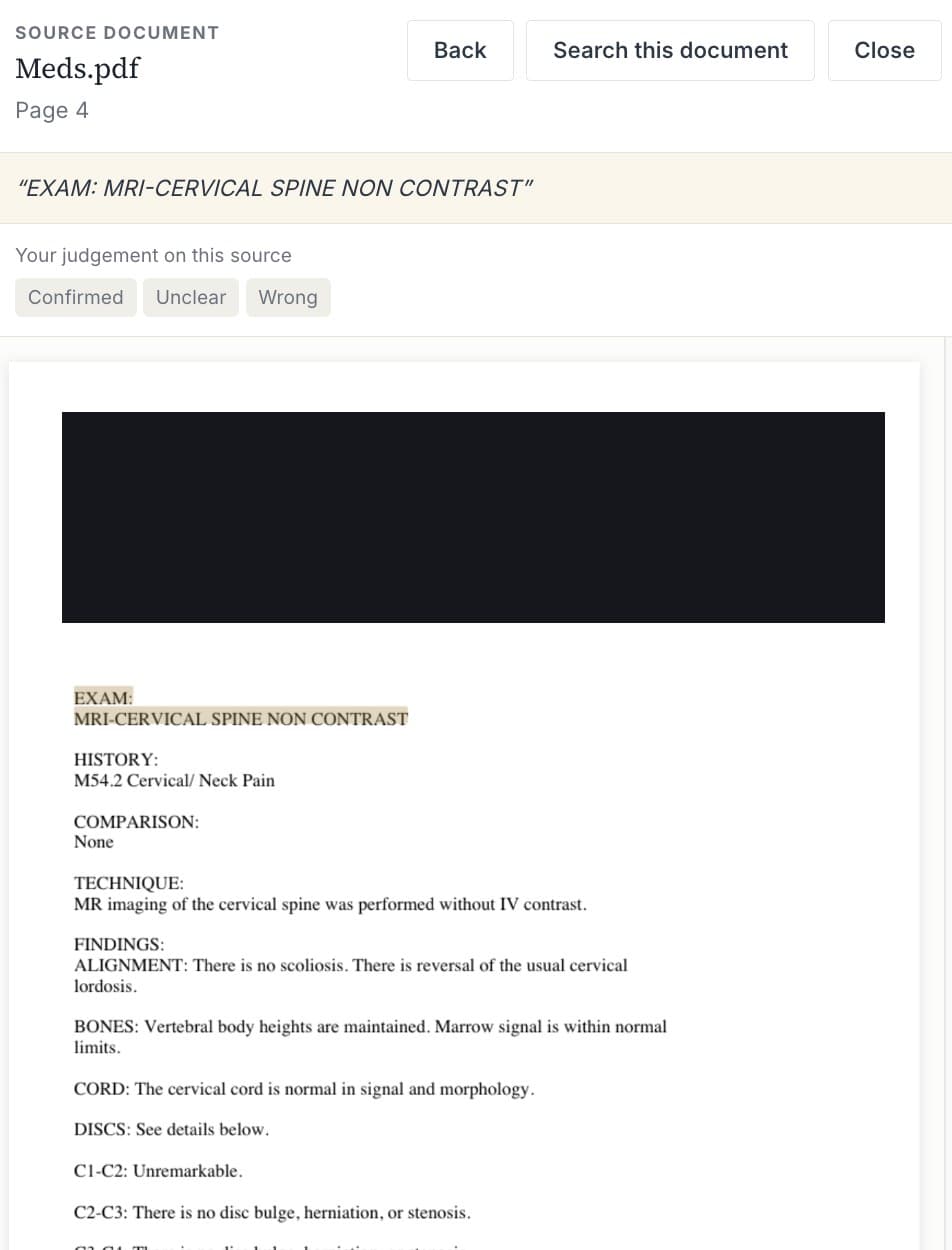Source panel showing the quoted line, the document and page it came from, and the record open at that page