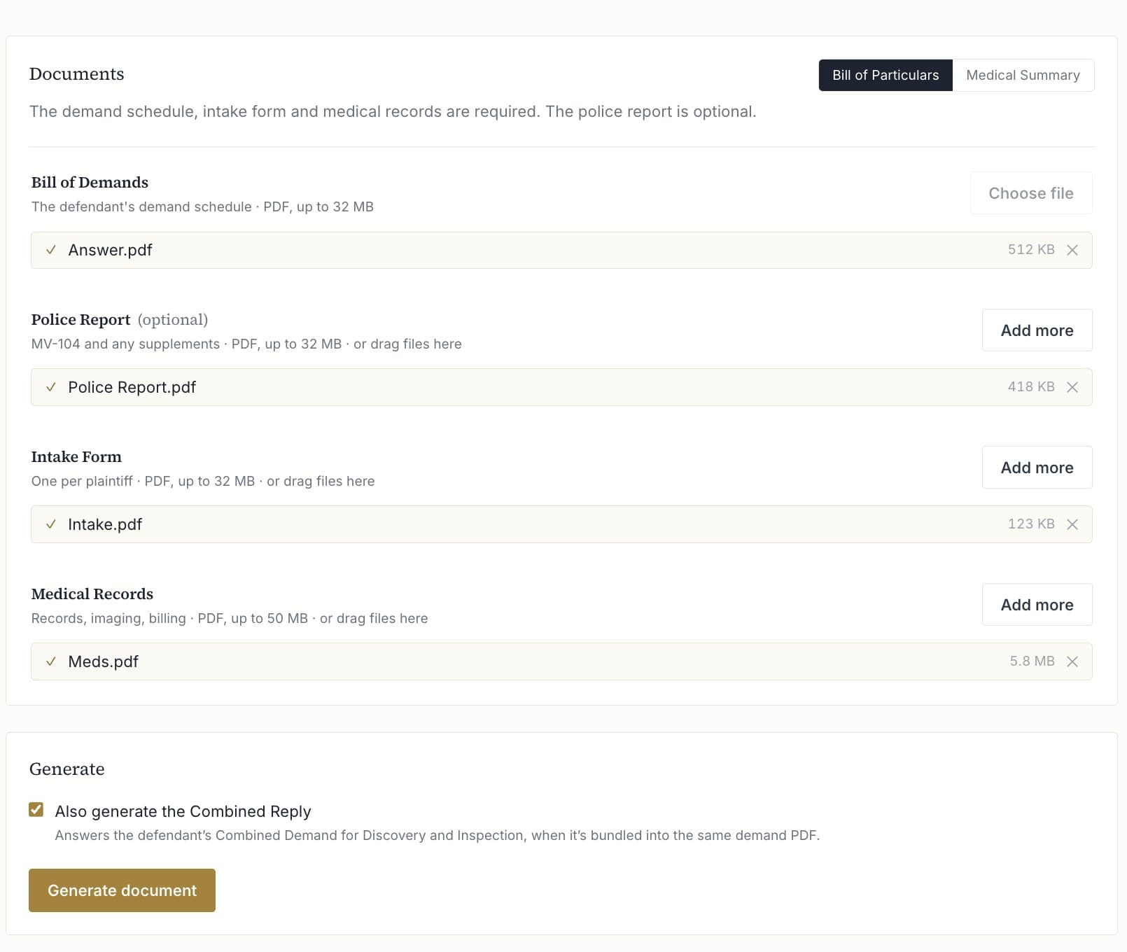 Upload and generate screen with the demand schedule, police report, intake form, and medical records attached